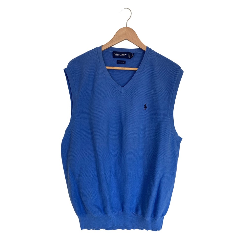 Polo Golf Ralph Lauren Mens Blue V-Neck Cotton Sweater Vest XL Italian Yarn